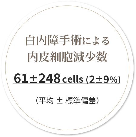 白内障手術による　内皮細胞減少数　61±248cells (2±9%)（平均±標準偏差）