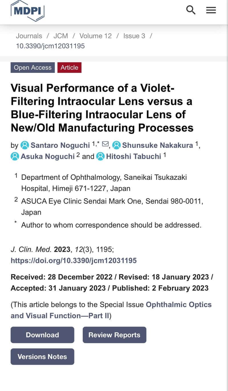 Visual Performance of a Violet-Filtering Intraocular Lens versus a Blue-Filtering Intraocular Lens of New/Old Manufacturing Processes