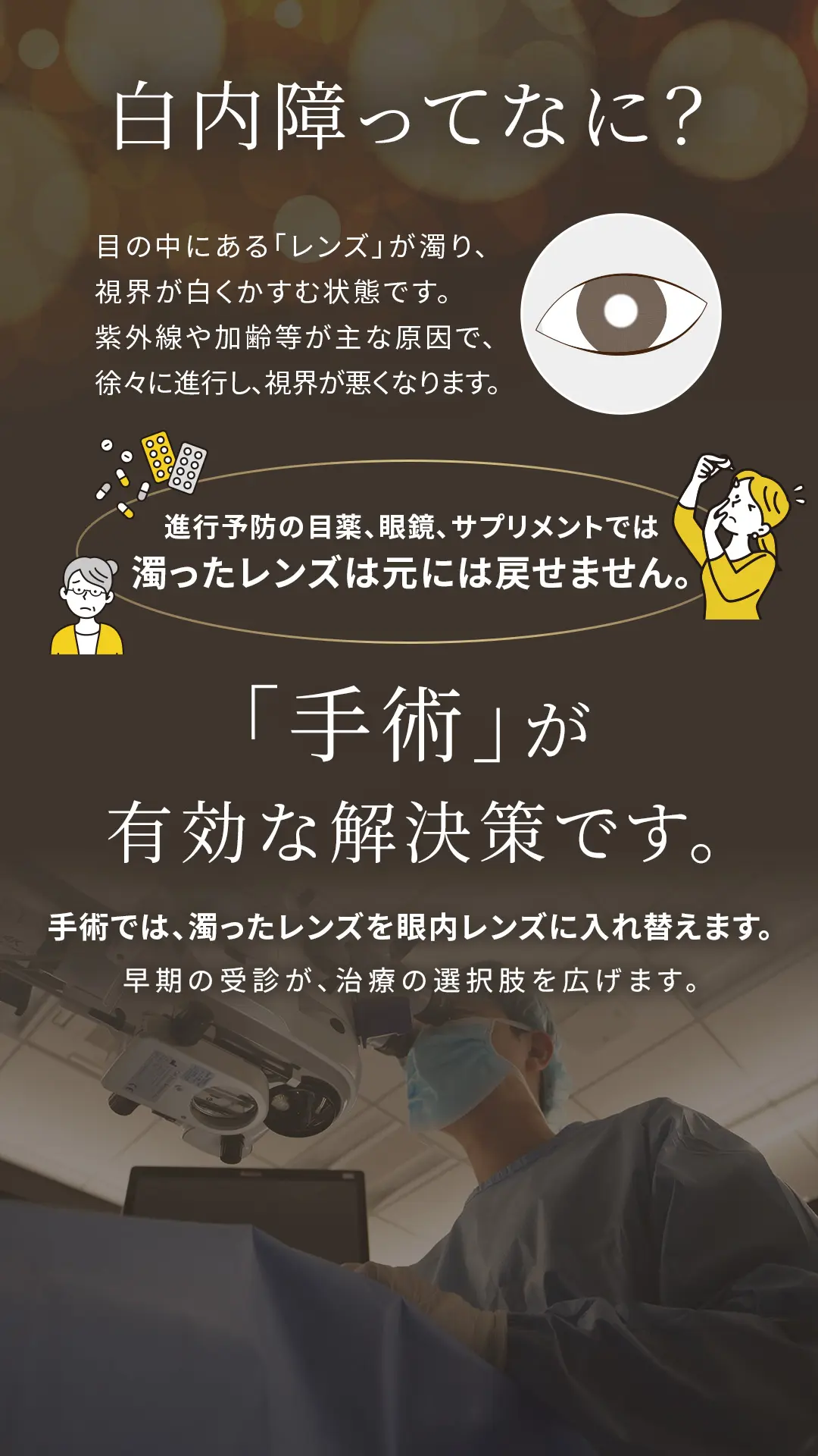 白内障とは目の中にあるレンズが濁る病気です。濁ったレンズを眼内レンズに入れ替える手術が有効な解決策です。